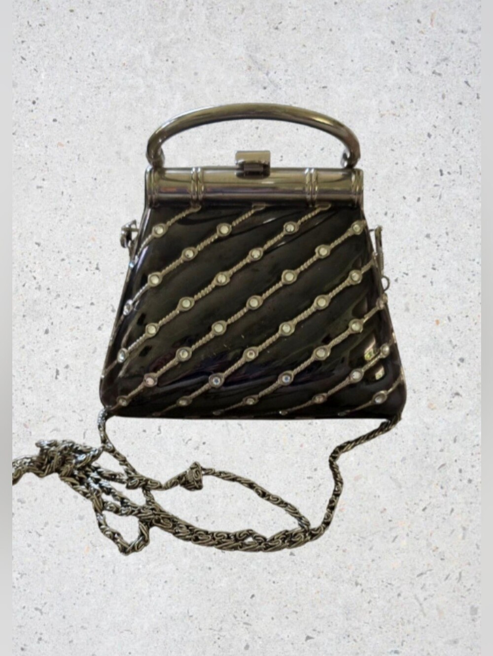 HEYS Vintage Mini Hardshell Rhinestone Handbag Metallic Gunmetal Hard Case Bag